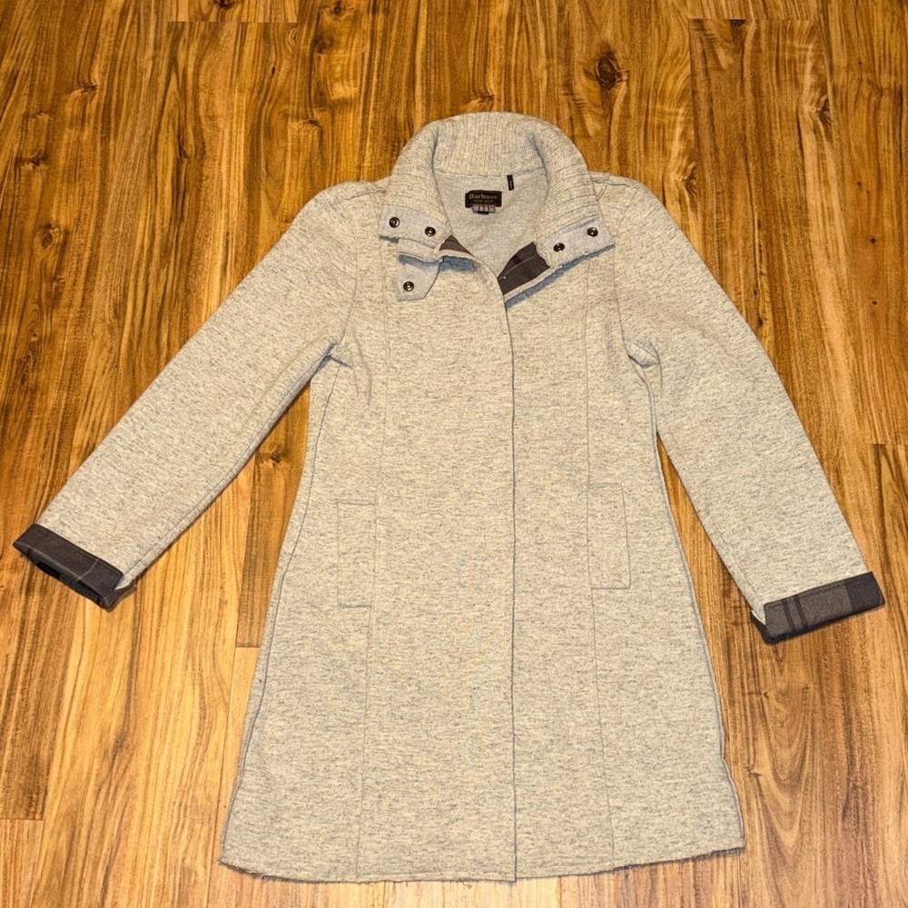 Barbour Women's 10 medium jacket millfire knit Gray Trench sweater tartan plaid